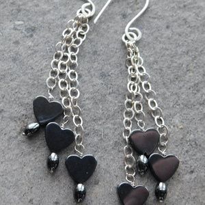 BLACK HEART Hematite and Sterling Silver Dangling Chandelier Earrings - Konnie K